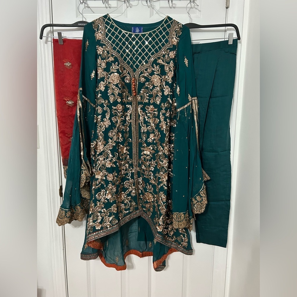 Rafia formal 3 piece stitched Pakistani suit in teal & orange sequin work